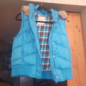 Aeropostale Womens XLarge blue Jacket Puffer Vest with Fur Trim Hood Winter